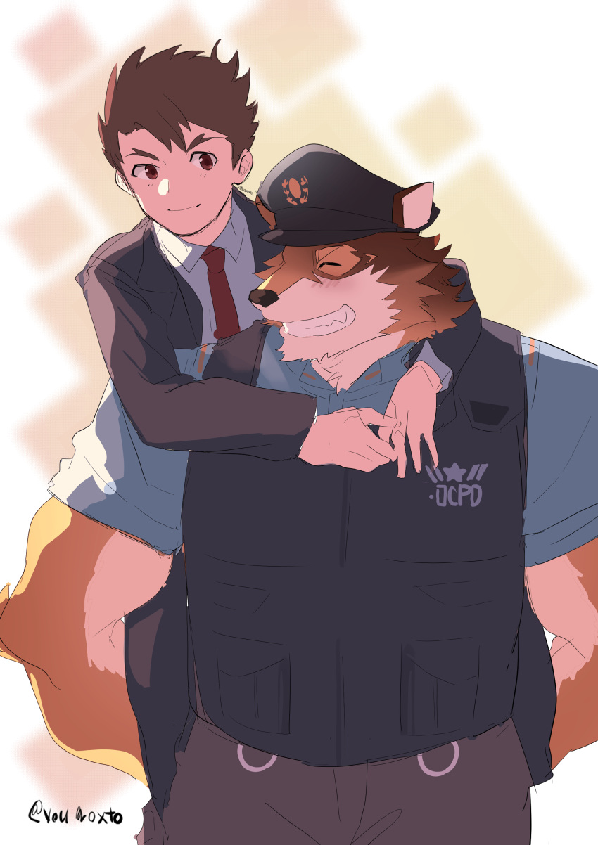 absurd_res anthro barrel_(live-a-hero) brown_hair canid canine canis carrying clothing duo grin hair hi_res human lifewonders live-a-hero male male/male male_operator mammal necktie piggyback police_hat police_officer police_uniform protagonist_(live-a-hero) smile suit uniform video_games wolf youmoxto