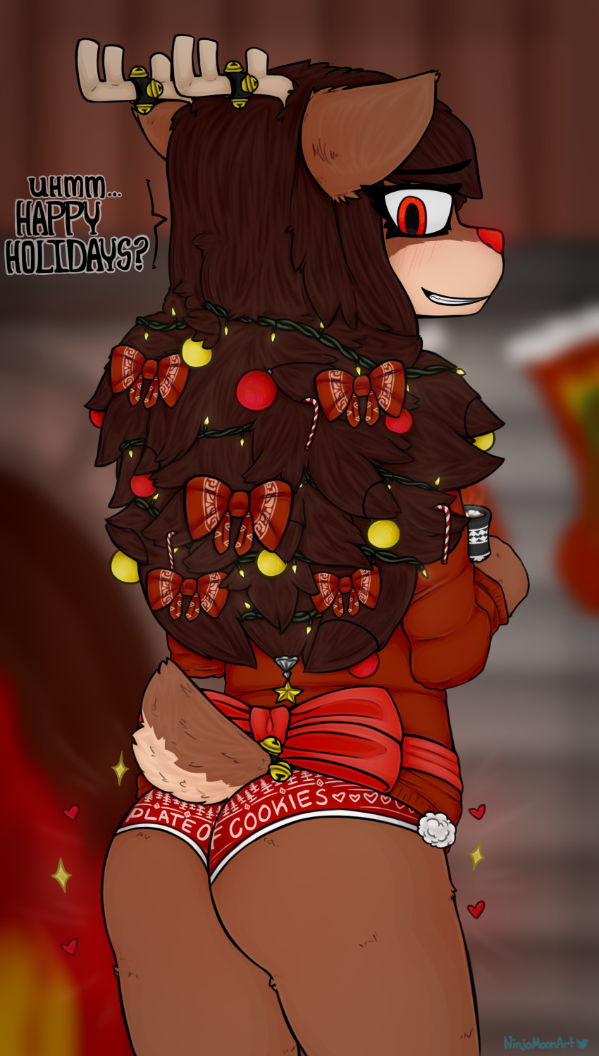 absurd_res anthro antlers bell bow_ribbon brown_hair butt capreoline cervid christmas christmas_clothing christmas_ornament clothing female fireplace fluffy gift_wrapped hair hi_res holidays horn hot_cocoa inside lights long_hair looking_back mammal nervous ninjamoon panties presenting presenting_hindquarters red_eyes red_nose reindeer ribbons rue_(the-minuscule-task) solo sweater topwear underwear