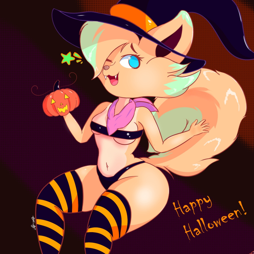 anthro clothing cute_expression cute_fangs female fluffy fluffy_tail halloween halloween_costume handkerchief hat headgear headwear hi_res holidays jack-o'-lantern kerchief legwear magic_user navel one_eye_closed panties pinup pixyfox23 pose solo stockings thick_thighs underwear wink witch witch_costume witch_hat