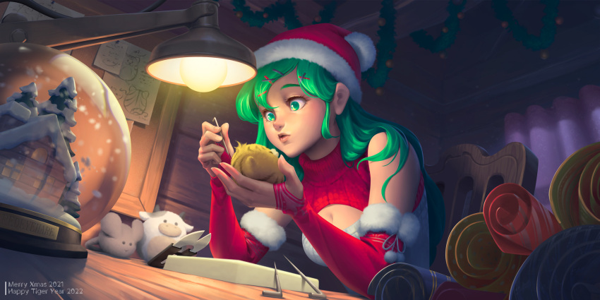 1girl black_light breasts christmas cleavage elbow_gloves fingerless_gloves fur_trim gloves green_eyes green_hair hat highres indoors long_hair medium_breasts original santa_hat snow_globe solo toy wrapping_paper