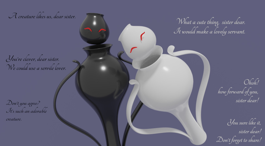 2019 3d_(artwork) alternate_version_at_source animate_inanimate black_body caption dear_sister_(pinkmoth) dialogue digital_media_(artwork) dominant dominant_female duo english_text female floating floating_head glowing glowing_eyes head_tilt hi_res looking_at_viewer monotone_background pinkmoth red_eyes reflection reflective_body simple_background sister_dear_(pinkmoth) smaller_version_at_source talking_to_another text vase_(pinkmoth) white_body
