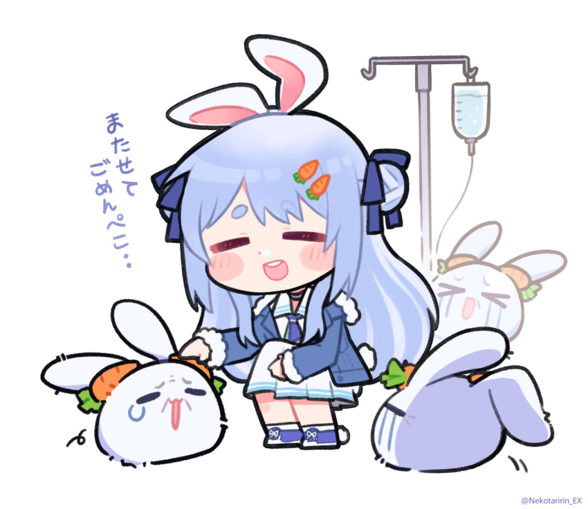 animal_ears blue_hair carrot_hair_ornament food-themed_hair_ornament hair_bun hair_ornament highres hololive intravenous_drip jacket long_hair multicolored_hair necktie nekotaririn nousagi_(usada_pekora) older rabbit_ears rabbit_girl skirt translation_request usada_pekora virtual_youtuber wrinkled_skin