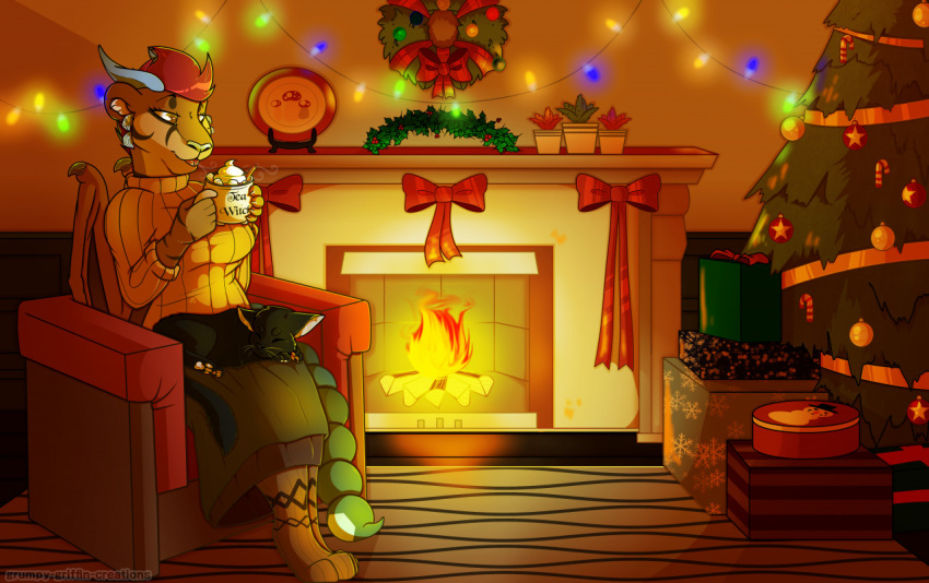 2021 anthro beverage bottomwear breasts chair christmas christmas_lights christmas_tree clothed clothing decoration digital_media_(artwork) digitigrade domestic_cat felid feline felis female fireplace fur furniture grumpy_griffin_creations hair holding_beverage holding_object holidays horn iranian_mythology mammal manticore membrane_(anatomy) membranous_wings middle_eastern_mythology mythology plant scorpion_tail sitting smile solo stinger topwear tree wings