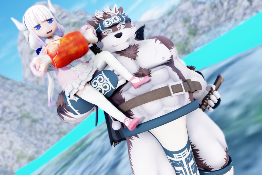 3d_(artwork) abs animal_humanoid anthro blue_eyes digital_media_(artwork) dragon dragon_humanoid duo female hi_res horkeukamui horn horned_humanoid humanoid kanna_kamui lifewonders male malicekira meat_on_bone miss_kobayashi's_dragon_maid muscular muscular_anthro muscular_male pecs tokyo_afterschool_summoners video_games young