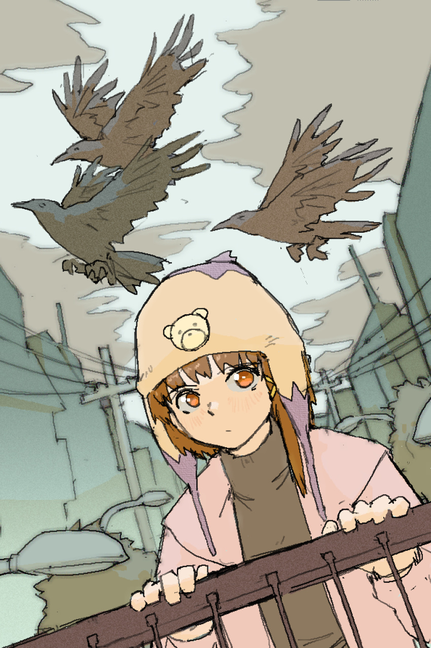 1girl :| absurdres animal animal_print asymmetrical_hair backlighting bangs beanie bear_print beige_headwear bird blank_stare blush brown_eyes brown_hair building city cityscape closed_mouth cloud cloudy_sky crow dutch_angle expressionless flying hair_ornament hands_up hat highres iwakura_lain jacket jaggy_line lamppost light_brown_eyes long_sleeves looking_at_viewer muted_color open_clothes open_jacket outdoors overcast pantsu-ripper pink_jacket power_lines print_headwear railing serial_experiments_lain short_hair single_sidelock sky solo turtleneck upper_body urban utility_pole x_hair_ornament