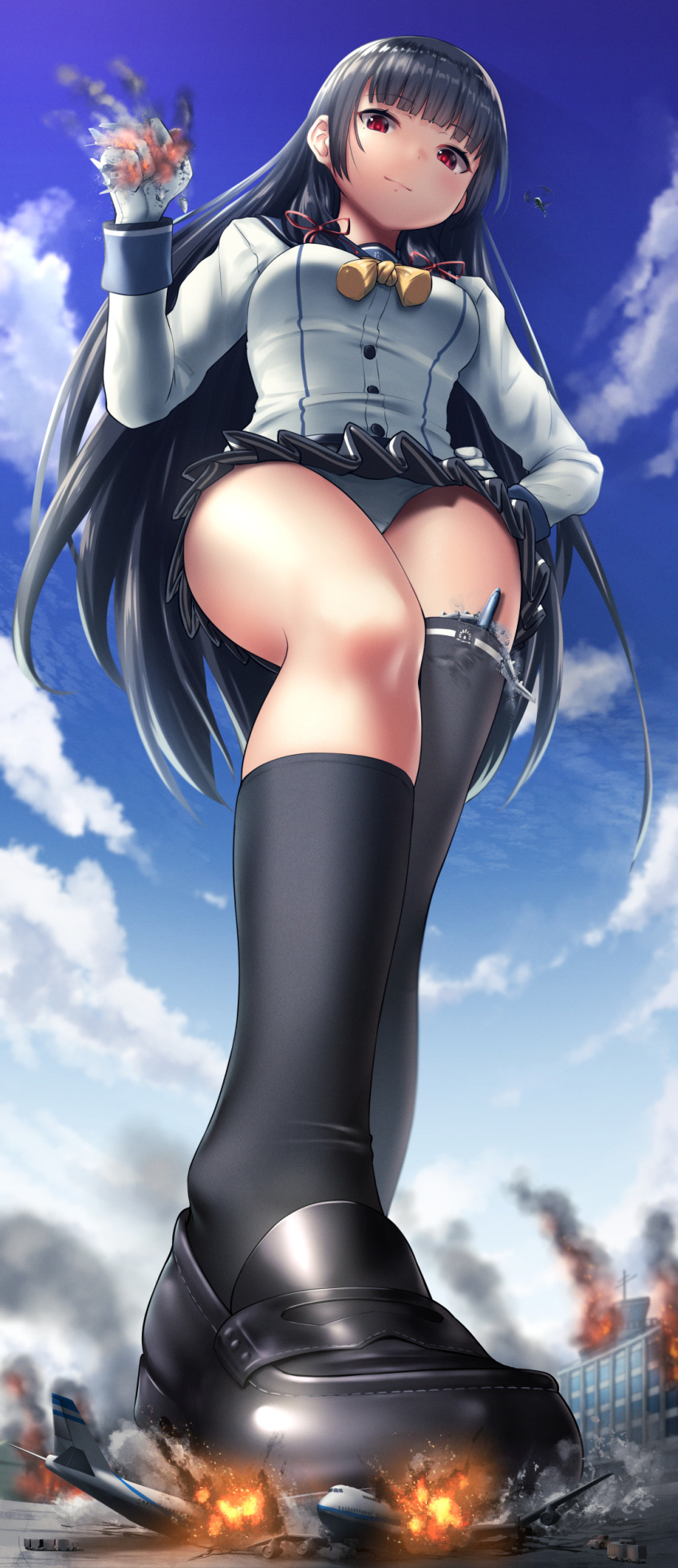 1girl absurdres aircraft airplane airport arm_up asymmetrical_legwear bangs black_footwear black_hair black_skirt blunt_bangs clenched_hand cloud destruction explosion eyebrows_visible_through_hair fire from_below giant giantess hair_ribbon helicopter highres isokaze_(kancolle) kantai_collection kneehighs light_smile long_hair long_sleeves looking_down neckerchief outdoors panties panty_peek rakia_(ds00309) red_eyes red_ribbon ribbon school_uniform serafuku shirt single_kneehigh single_thighhigh skirt sky thighhighs underwear white_panties white_shirt yellow_neckerchief