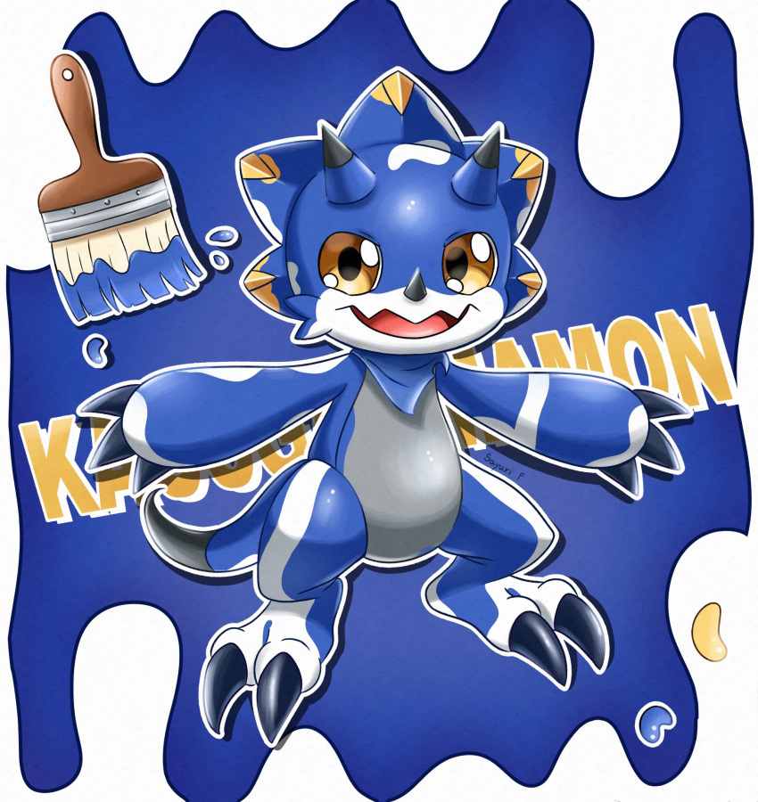 anthro bandai_namco bandanna blue_paint bodypaint brush claws digimon digimon_(species) digimon_ghost_game gammamon hi_res kausgammamon kerchief liliana86973943 male paint paintbrush solo white_body yellow_eyes