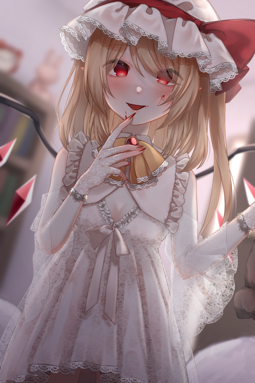 1girl blonde_hair blood blood_on_face blood_on_hands bow bowtie breasts brooch camisole chemise cleavage collar detached_sleeves dress fangs finger_to_mouth fingernails flandre_scarlet gloves hat hat_ribbon highres hisu_(hisu_) jewelry lace lace-trimmed_dress lace-trimmed_gloves lace-trimmed_headwear lace_trim medium_hair mob_cap nail_polish one_side_up red_bow red_nails red_ribbon ribbon small_breasts solo touhou white_collar white_headwear wings