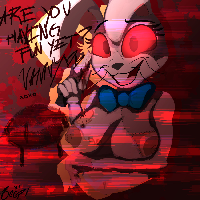 absurd_res autograph beep! blood bodily_fluids bow_tie bunny_costume clothing costume female five_nights_at_freddy's glitch gore hi_res human kiss_mark knife mammal scottgames solo torn_clothing vanny_(fnaf) video_games xoxo