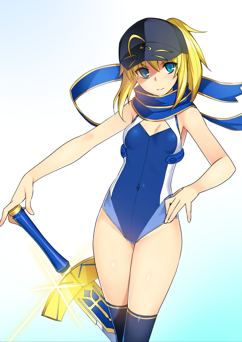 1girl absurdres aqua_eyes artoria_pendragon_(fate) baseball_cap blonde_hair blue_legwear closed_mouth covered_navel fate_(series) hat highres holding holding_sword holding_weapon leotard long_hair looking_at_viewer mysterious_heroine_x_(fate) namonashi one-piece_swimsuit scarf solo swimsuit sword thighhighs two-tone_background weapon