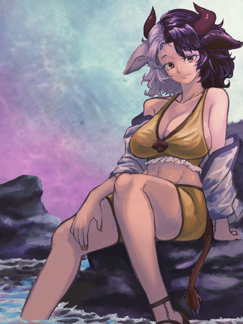 1girl animal_ears animal_print black_hair breasts chain cleavage cow_ears cow_horns cow_print crop_top grey_hair haori highres horns in_water japanese_clothes kaden_(muxt8423) large_breasts multicolored_hair nail_polish outdoors pink_sky red_horns red_tail rock sandals shorts sideboob sitting solo split-color_hair stone thighs touhou two-tone_hair ushizaki_urumi water yellow_nails yellow_shorts