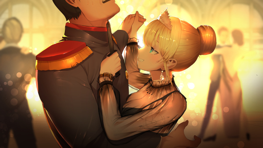3boys 3girls blonde_hair breasts cleavage dancing earrings epaulettes grin hair_bun highres hololive hololive_english jewelry knife knife_to_throat lordroach military military_uniform mole mole_on_breast multiple_boys multiple_girls official_alternate_costume sheer_clothes smile tiara uniform virtual_youtuber watson_amelia