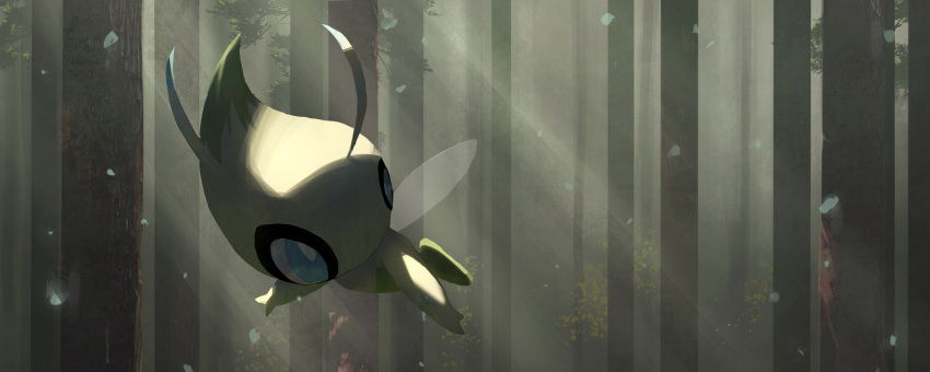 absurdres af_(afloatisland) blue_eyes bright_pupils celebi commentary_request flying forest full_body highres light_rays looking_to_the_side nature no_humans pokemon pokemon_(creature) solo tree white_pupils