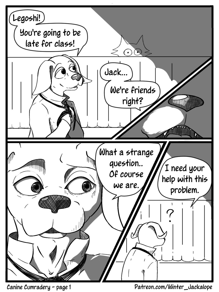 anthro beastars bird_dog canid canine canis clothed clothing comic dialogue domestic_dog duo english_text fur hi_res hunting_dog jack_(beastars) labrador legoshi_(beastars) male male/male mammal monochrome necktie open_mouth retriever smile text wintersink wolf