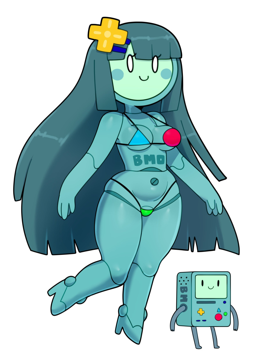 absurd_res accessory adventure_time belly bikini blush blush_stickers bmo breasts cartoon_network clothing crossgender empty_eyes female green_body green_hair hair hair_accessory hairpin hi_res high_heels humanoid long_hair machine not_furry robot simple_background smile solo somescrub swimwear