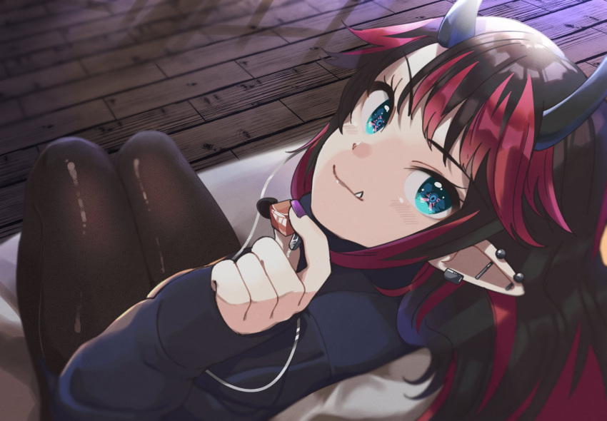1girl alternate_costume bangs black_hair black_pants black_sweater blue_eyes blush chocolate closed_mouth commentary_request couch demon_girl demon_horns ear_piercing earbuds earphones earrings eyebrows_visible_through_hair food full_body highres holding holding_chocolate holding_food horns jewelry long_hair looking_at_viewer looking_back multicolored_hair nail_polish on_couch pants piercing pointy_ears red_hair ryugasaki_rene sitting smile solo sugar_lyric sweater two-tone_hair virtual_youtuber wooden_floor zono_(inokura_syuzo029)