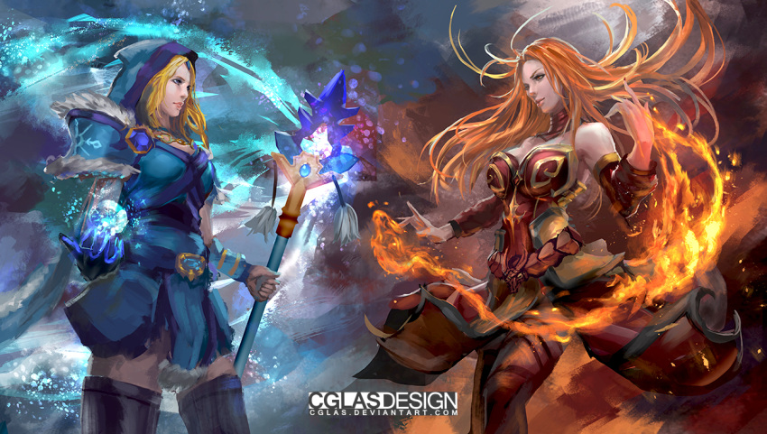 2girls armor blonde_hair blue_cape blue_eyes blue_footwear boots cape cglas closed_mouth crystal_maiden dota_(series) dota_2 dress fire forehead gauntlets holding holding_staff ice lina_inverse_(dota_2) long_hair looking_at_another mage magic multiple_girls orange_eyes orange_hair pauldrons red_dress red_footwear shoulder_armor sleeveless sleeveless_dress staff strapless strapless_dress thigh_boots thighhighs