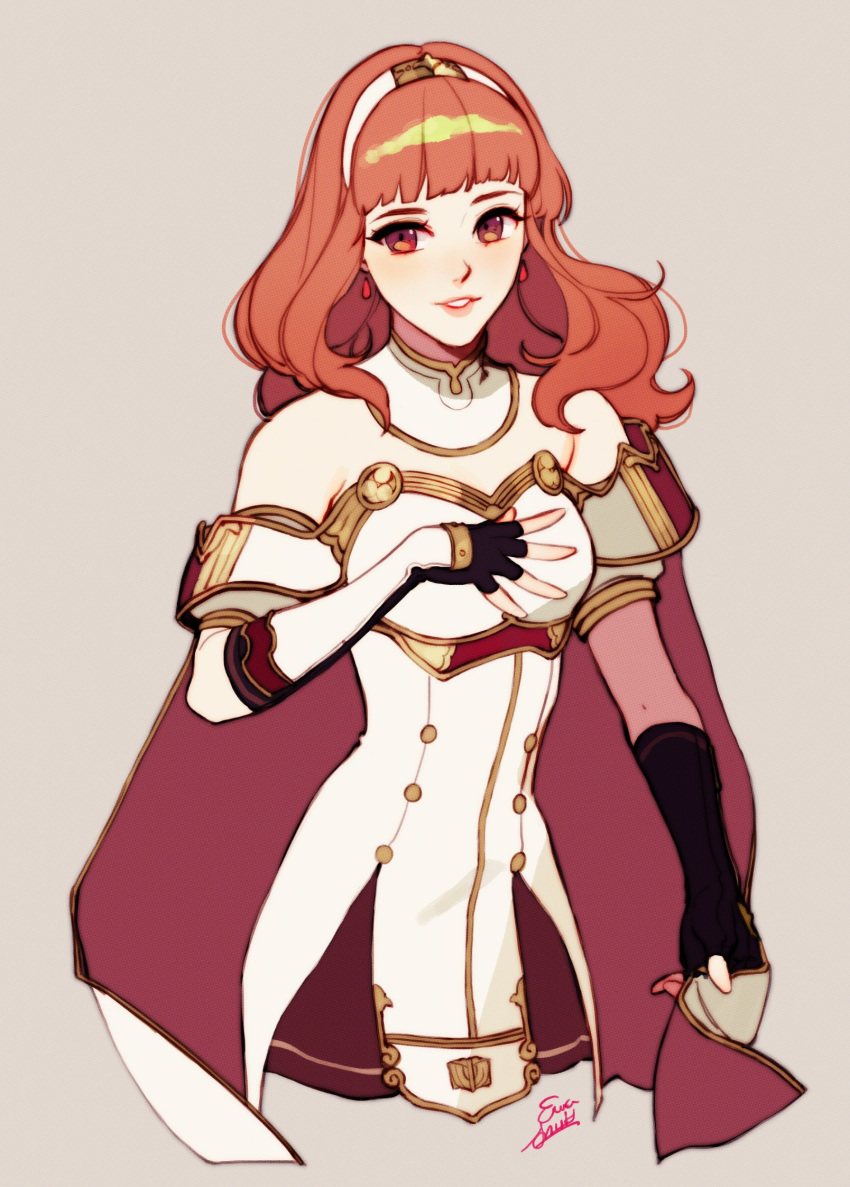 armor bare_shoulders cape celica_(fire_emblem) choker dress earrings eva_smith fingerless_gloves fire_emblem fire_emblem_echoes:_shadows_of_valentia fire_emblem_heroes gloves highres jewelry long_hair princess red_eyes red_hair skirt smile tiara