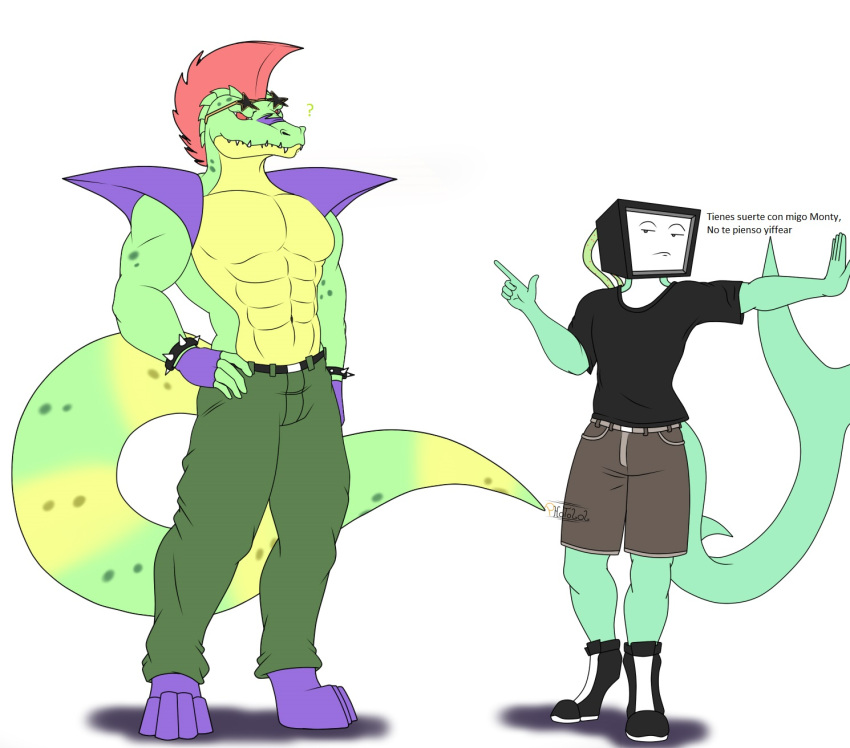 anthro bottomwear clothed clothing crocodile crocodilian crocodylid dialogue duo fish five_nights_at_freddy's five_nights_at_freddy's:_security_breach flexet_(photolol.03) hi_res looking_at_another male male/male marine montgomery_gator_(fnaf) muscular muscular_anthro muscular_male photolol.03 reptile scalie scottgames shark shorts spanish_text text video_games