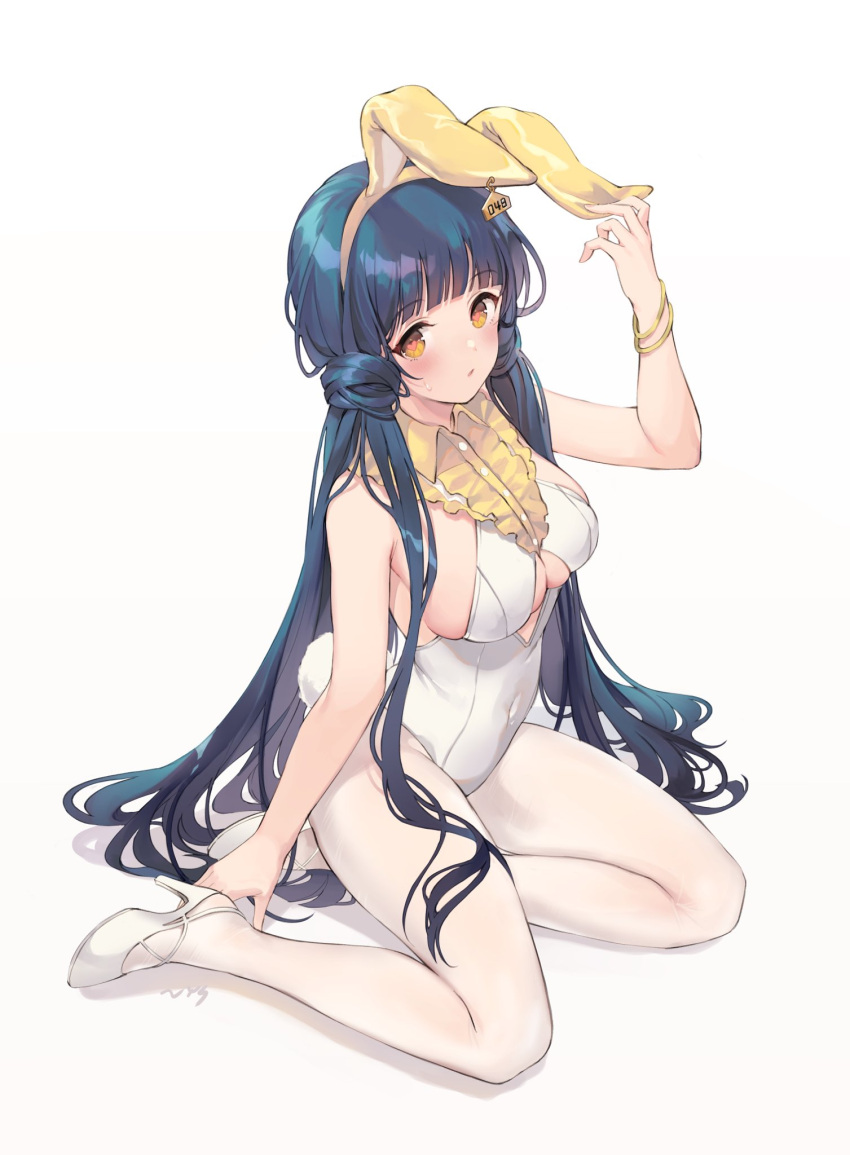1girl animal_ears arm_support bangs bare_arms blue_hair blunt_bangs blush bracelet breasts brown_eyes cleavage collar covered_navel detached_collar eyebrows_visible_through_hair fake_animal_ears fake_tail frilled_collar frills full_body high_heels highres idolmaster idolmaster_million_live! idolmaster_million_live!_theater_days jewelry kitakami_reika large_breasts leotard long_hair looking_at_viewer low_twintails nys open_mouth pantyhose rabbit_ears rabbit_tail sideboob simple_background sitting solo sweatdrop tail twintails very_long_hair white_background white_footwear white_legwear white_leotard