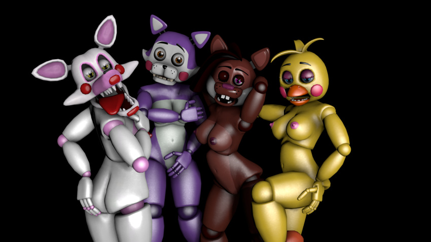 3d_(artwork) animatronic anthro avian bird black_background black_nose blue_eyes breasts brown_body brown_eyes brown_hair butt canid canine chicken cindy_(fnac) covering covering_breasts covering_crotch covering_pussy digital_media_(artwork) domestic_cat felid feline felis female five_nights_at_candy's five_nights_at_freddy's five_nights_at_freddy's_2 fox galliform gallus_(genus) genitals grimsbythedemolisher group hair hi_res looking_at_viewer machine mammal mangle_(fnaf) narrowed_eyes nipples nude open_mouth phasianid pink_eyes pink_nose popgoes purple_body pussy robot rodent saffron_the_squirrel sciurid scottgames simple_background source_filmmaker tongue tongue_out toy_chica_(fnaf) video_games white_body yellow_body yellow_eyes