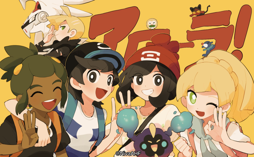 2girls 3boys :d ahoge arm_around_shoulder backpack bag bangs baseball_cap beanie black_headwear black_shirt blonde_hair blunt_bangs braid bright_pupils closed_mouth commentary_request cosmog dark-skinned_male dark_skin elio_(pokemon) floral_print french_braid gladion_(pokemon) green_eyes green_hair hand_up hat hau_(pokemon) highres jiugong_chi lillie_(pokemon) litten long_hair multiple_boys multiple_girls ok_sign open_mouth orange_bag pokemon pokemon_(creature) pokemon_(game) pokemon_sm popplio red_headwear rowlet selene_(pokemon) shirt short_ponytail short_sleeves silvally smile striped striped_shirt swept_bangs t-shirt teeth tongue twitter_username upper_teeth white_pupils white_shirt yellow_background