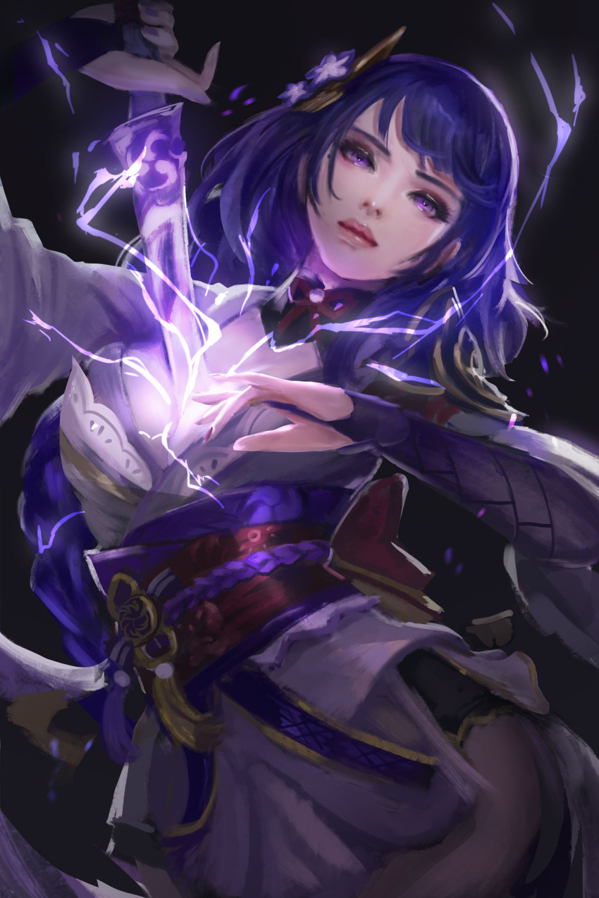 1girl black_background cglas closed_mouth drawing_sword genshin_impact hair_ornament highres holding holding_sword holding_weapon japan japanese_clothes katana kimono lightning lips long_hair long_sleeves looking_at_viewer mole mole_under_eye nail_polish purple_eyes purple_hair purple_kimono purple_nails raiden_shogun solo sword weapon