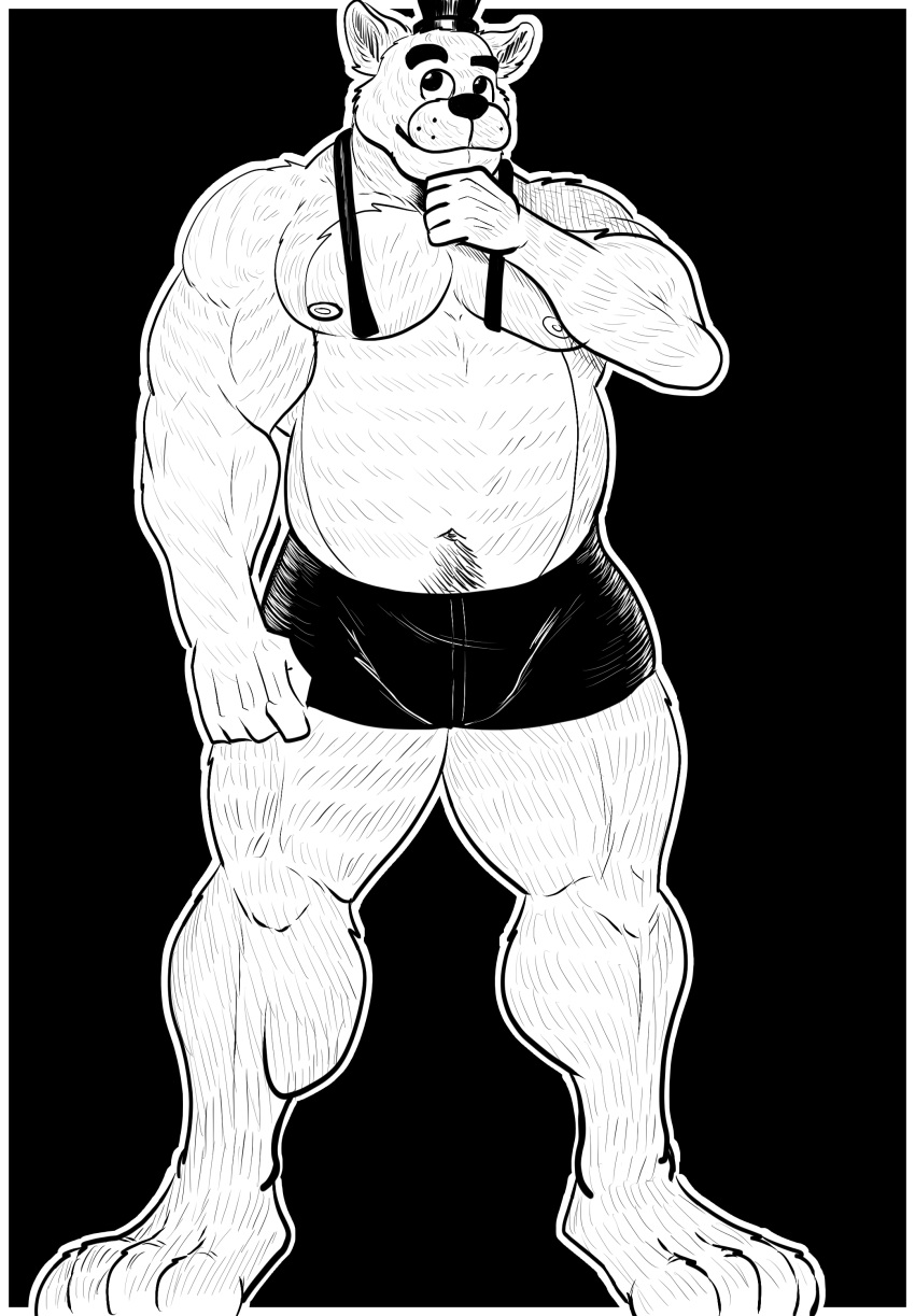 4_toes 5_fingers absurd_res anthro arm_hair belly_hair biceps biped black_and_white body_hair boxer_briefs clothing digital_drawing_(artwork) digital_media_(artwork) eyebrows feet fingers five_nights_at_freddy's freddy_(fnaf) hairy happy_trail hat headgear headwear hi_res humanoid_hands leg_hair male mammal monochrome musclegut muscular muscular_anthro muscular_calves muscular_male muscular_thighs navel nipples pecs pinumontbalou plantigrade pose quads scottgames smile solo standing toes top_hat underwear ursid video_games