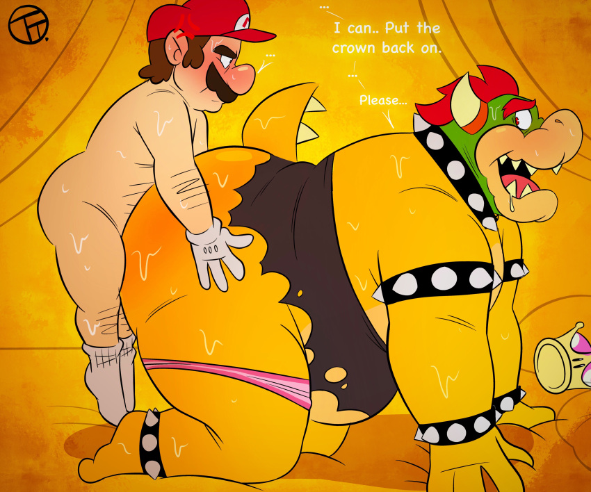 2021 absurd_res all_fours anal angry anthro big_butt blush bodily_fluids bowser bowsette_meme butt clothed clothing comic cross-popping_vein crossdressing crown dialogue digital_drawing_(artwork) digital_media_(artwork) doggystyle english_text from_behind_position hi_res horn human humanoid humor koopa male male/male male_penetrated male_penetrating male_penetrating_male mammal mario mario_bros meme nintendo open_mouth panties penetration scalie sex size_difference slightly_chubby small_dom_big_sub super_crown surprise sweat tail_motion tailwag text torn_clothing trashtoonz underwear video_games wardrobe_malfunction