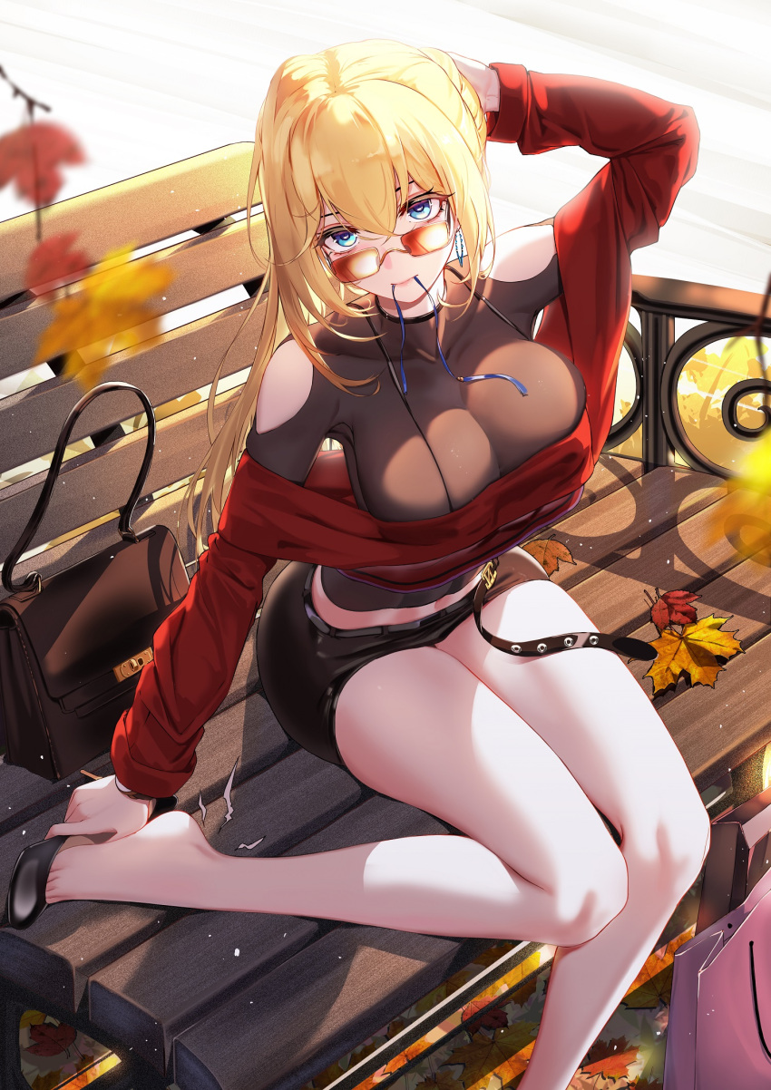 1girl arm_up azur_lane bare_legs bench blonde_hair blue_eyes blurry blurry_foreground breasts cleavage depth_of_field hair_between_eyes high_heels highres impossible_clothes jeanne_d'arc_(azur_lane) large_breasts leaf leg_up long_hair looking_at_viewer midriff miniskirt mouth_hold navel off-shoulder_sweater off_shoulder outdoors ribbon ribbon_in_mouth sidelocks sitting skirt solo sunglasses sweater you_ni_ge_shaobing