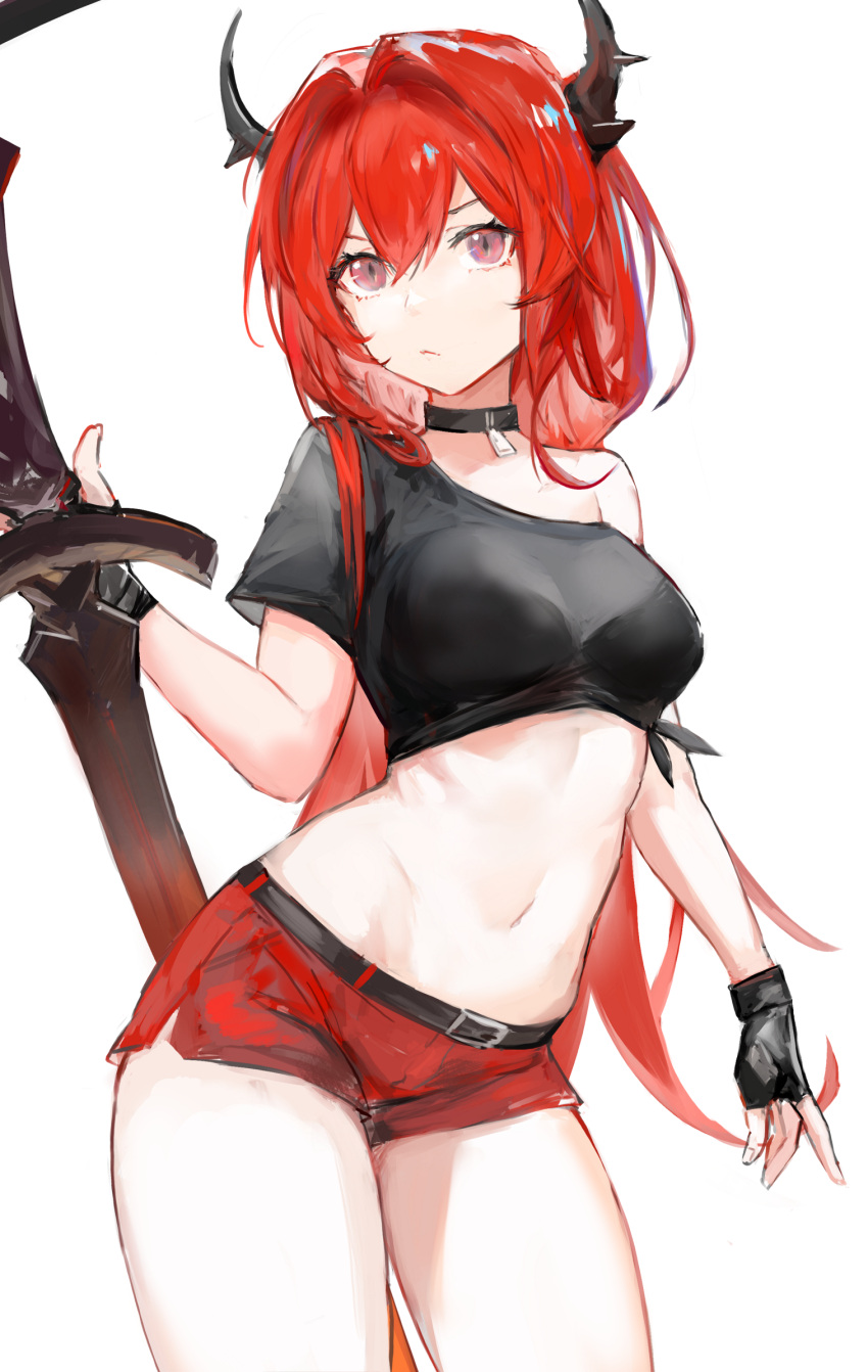1girl adapted_costume arknights bare_arms bare_shoulders belt black_choker black_gloves black_shirt breasts choker closed_mouth commentary contrapposto cowboy_shot crop_top fingerless_gloves frown gloves gnai hair_between_eyes hair_intakes highres holding holding_sword holding_weapon horns long_hair looking_at_viewer medium_breasts micro_shorts midriff navel off_shoulder pink_eyes pout purple_eyes red_hair red_shorts revealing_clothes shirt short_shorts short_sleeves shorts side-tie_shirt slit_pupils solo standing stomach surtr_(arknights) surtr_(liberte_echec)_(arknights) sword thighs v-shaped_eyebrows weapon