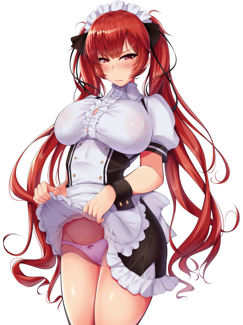 1girl absurdres alternate_costume apron azur_lane back_bow blush bow breasts brown_dress center_frills clothes_lift dress dress_lift enmaided framed_breasts frills highres honolulu_(azur_lane) large_breasts long_hair maid maid_headdress nksk puffy_short_sleeves puffy_sleeves red_eyes red_hair short_sleeves simple_background solo standing taut_clothes taut_dress twintails two-tone_dress very_long_hair white_apron white_background white_bow white_dress wrist_cuffs