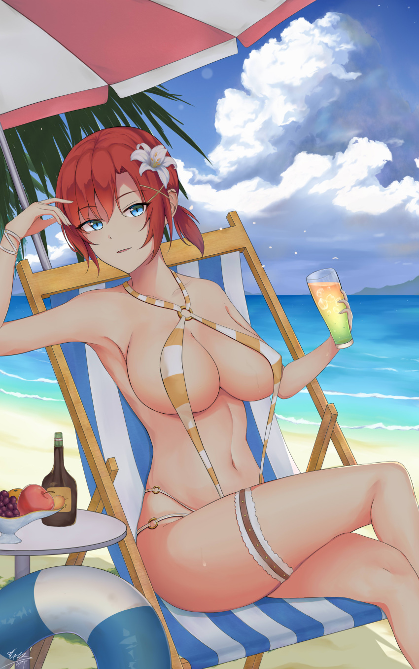 1girl absurdres bangs beach beach_chair blue_eyes blue_sky boudica_(fate) breasts crossed_legs fate/grand_order fate_(series) highres large_breasts looking_at_viewer navel ocean red_hair reinaz shore short_hair short_ponytail sitting sky slingshot_swimsuit smile solo swimsuit thighs