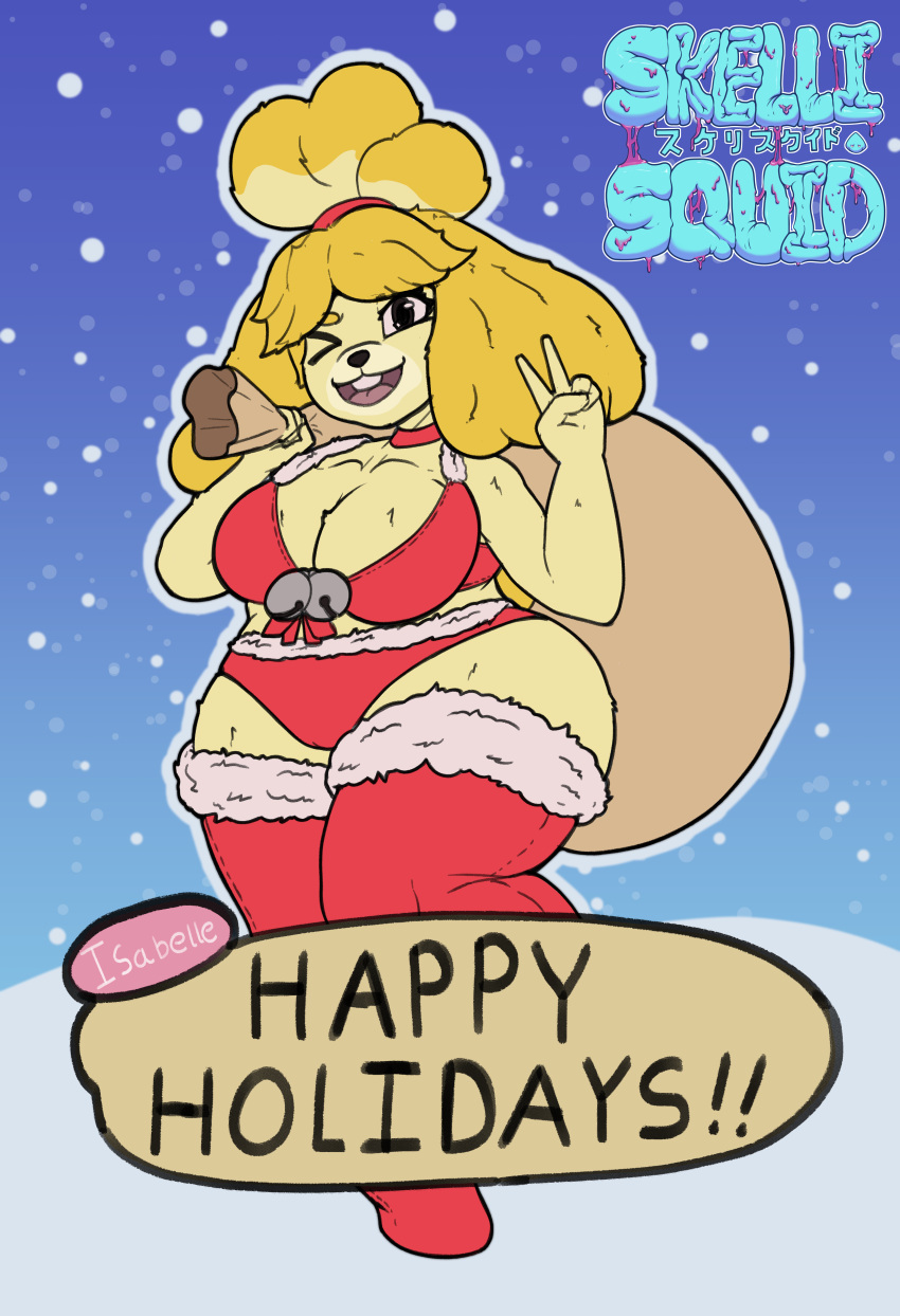 absurd_res animal_crossing anthro canid canine canis choker christmas christmas_clothing clothing curves domestic_dog female fluffy hi_res holidays isabelle_(animal_crossing) jewelry legwear lingerie mammal necklace nintendo one_eye_closed shih_tzu skellisquid sketch snow solo thick thick_thighs thigh_highs toy_dog video_games wink