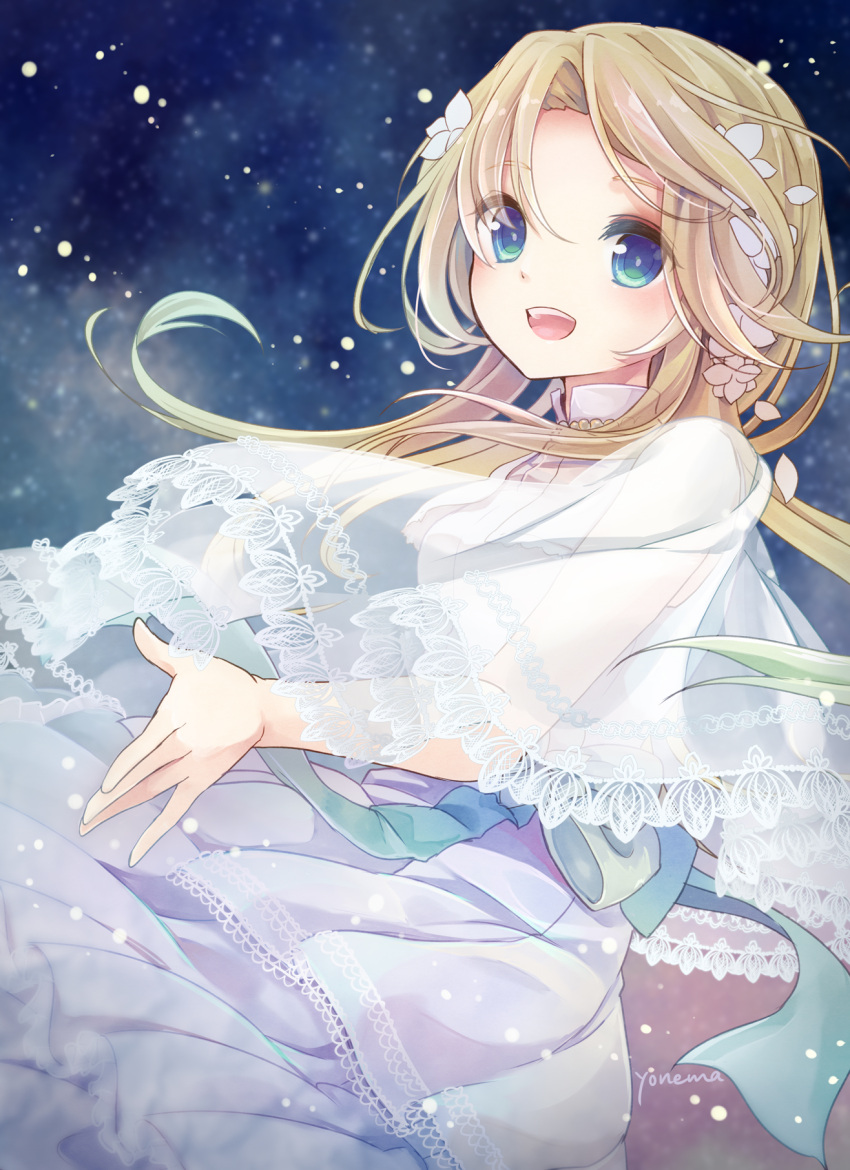 1girl :d bangs blonde_hair blue_eyes capelet commentary_request dress flower gradient_hair green_eyes green_hair hair_flower hair_ornament highres long_hair multicolored_hair original parted_bangs petals see-through smile solo very_long_hair white_dress white_flower yonema