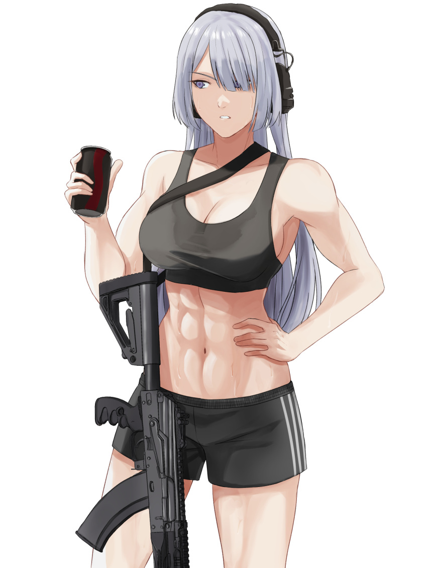 1girl abs ak-15 ak-15_(girls'_frontline) assault_rifle bangs black_shorts black_sports_bra breasts can cleavage cola collarbone cyka drink eyebrows_visible_through_hair feet_out_of_frame girls'_frontline gun hair_between_eyes hand_on_hip headphones headset highres holding holding_drink holding_jar jar kalashnikov_rifle long_hair looking_away medium_breasts muscular muscular_female open_mouth purple_eyes rifle shorts silver_hair soda soda_can solo sports_bra sportswear standing sweat target teeth weapon white_background