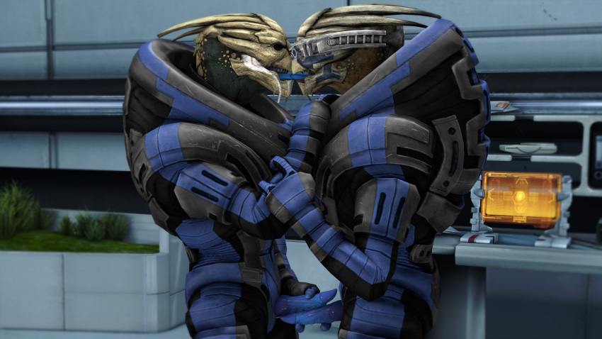 3d_(artwork) absurd_res alien arm_grab armor blue_penis blue_tongue bodily_fluids bodypaint chellick chest_grab clothed clothed_sex clothing digital_media_(artwork) duo erection eyes_closed face_paint frottage garrus_vakarian genital_fluids genitals handjob hi_res kissing kracker male male/male mass_effect masturbation office open_mouth penile penile_masturbation penis police precum precum_on_clothing precum_string sex source_filmmaker standing standing_sex teeth tongue tongue_out turian video_games visor