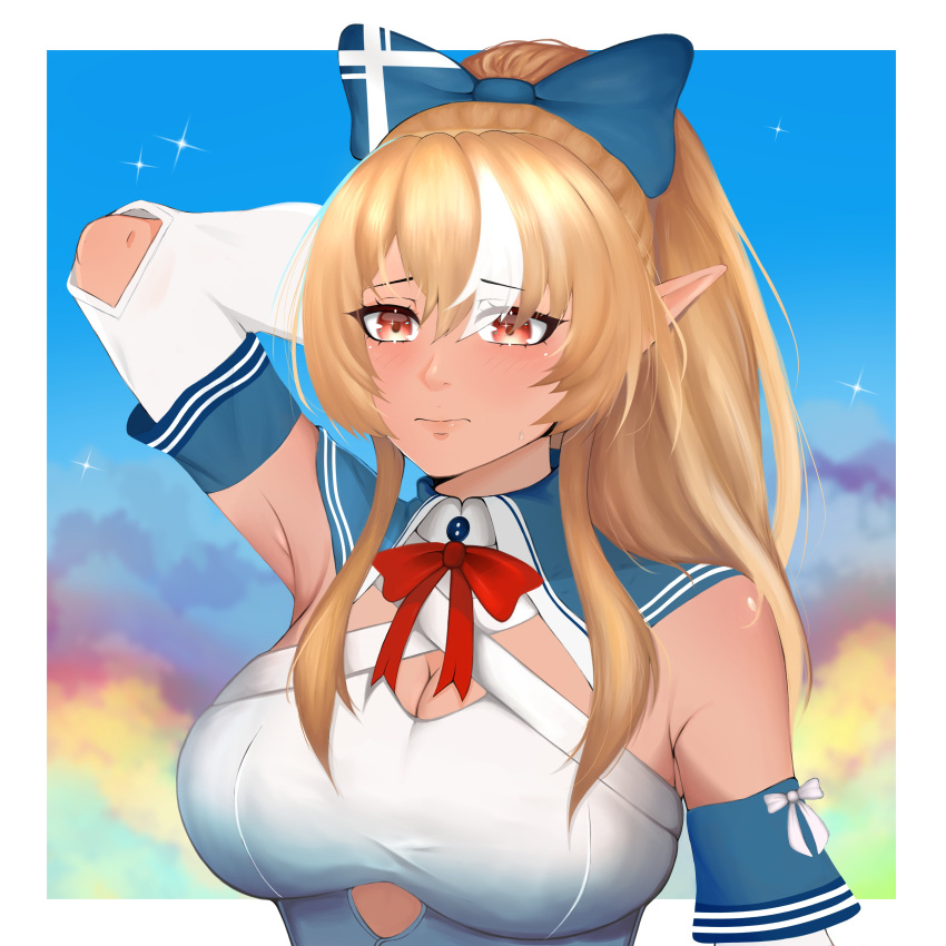 1girl absurdres armpits arms_behind_head blonde_hair blue_bow bow breasts cleavage cleavage_cutout closed clothing_cutout highres hololive long_hair multicolored_hair ponytail red_eyes shiranui_flare simple_background solo tan virtual_youtuber white_hair