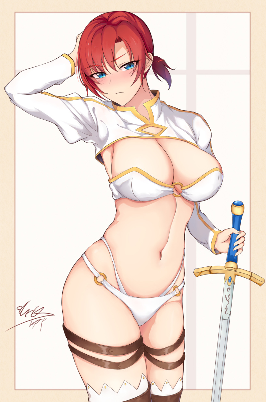1girl bangs bikini blue_eyes blush boots boudica_(fate) breasts brown_footwear cleavage fate/grand_order fate_(series) highres large_breasts long_sleeves looking_at_viewer navel o-ring red_hair reinaz short_hair short_ponytail shrug_(clothing) solo swimsuit sword thigh_boots thigh_strap thighhighs thighs weapon white_bikini
