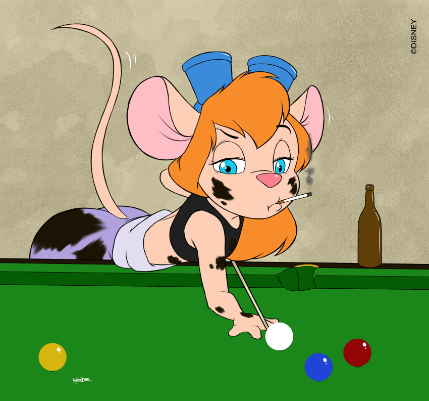 absurd_res anthro beer_bottle billiard_table billiards bottle chip_'n_dale_rescue_rangers cigarette disney female gadget_hackwrench hi_res mammal mouse murid murine rodent solo wendel_fragoso
