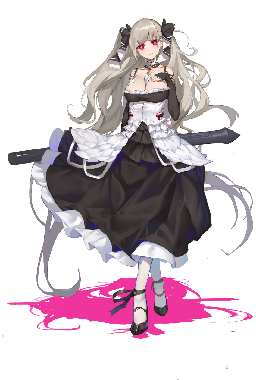1girl absurdres azur_lane bare_shoulders between_breasts black_dress black_footwear black_ribbon breasts cleavage clothing_cutout collar colored_shadow detached_collar dress formidable_(azur_lane) frilled_dress frills full_body gothic_lolita grey_hair heart heart-shaped_pupils highres large_breasts layered_dress lolita_fashion long_hair moyuc pantyhose red_eyes ribbon shadow shoes shoulder_cutout simple_background solo standing symbol-shaped_pupils twintails two-tone_dress two-tone_ribbon very_long_hair white_background white_collar white_dress white_legwear white_ribbon
