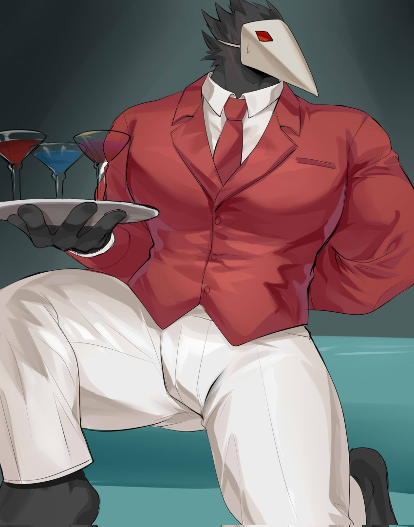 alcohol avian beverage black_body black_feathers chung0_0 clothed clothing cocktail_glass container cup darkner deltarune drinking_glass feathers glass glass_container glass_cup hi_res male mask muscular muscular_male necktie red_eyes serving_tray solo swatchling undertale_(series) video_games