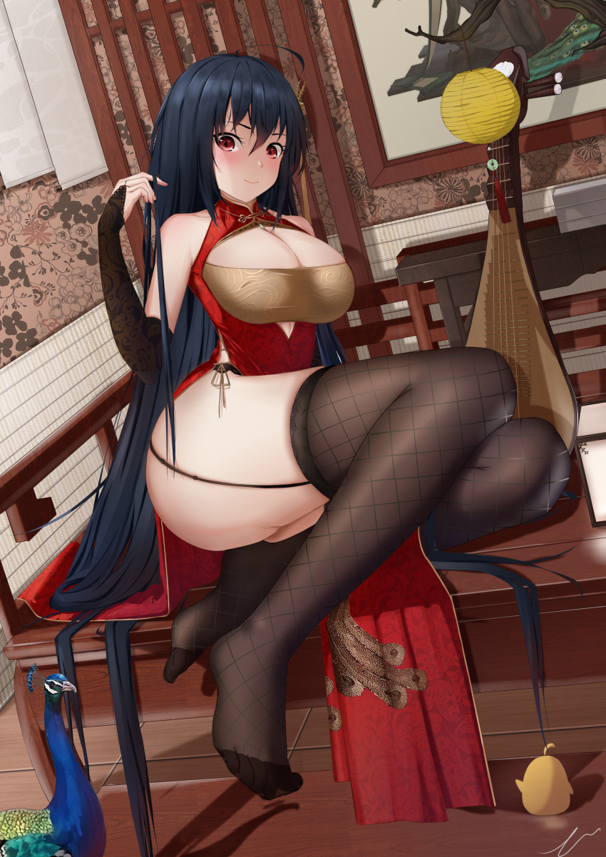 1girl absurdly_long_hair absurdres ass azur_lane bangs bird black_garter_straps black_hair black_legwear breasts bridal_gauntlets bursting_breasts china_dress chinese_clothes cleavage_cutout clothing_cutout crossed_bangs cutout_above_navel dress error1945 fishnet_legwear fishnets framed_breasts full_body garter_straps highres indoors instrument long_hair looking_at_viewer low_neckline mandolin manjuu_(azur_lane) no_shoes official_alternate_costume peacock red_dress red_eyes sleeveless sleeveless_dress soles solo taihou_(azur_lane) taihou_(phoenix's_spring_song)_(azur_lane) thighhighs very_long_hair