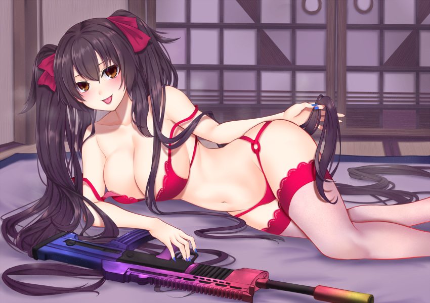 1girl assault_rifle bangs bare_shoulders black_hair blue_nails blush bra bra_strap breasts brown_eyes cleavage collarbone eyebrows_visible_through_hair girls'_frontline gun hair_between_eyes hair_ribbon hand_in_hair hand_on_weapon large_breasts long_hair looking_at_viewer lying nail_polish navel on_side open_mouth panties popoman purple_ribbon qbz-97 red_bra red_panties ribbon rifle smile solo thighhighs tongue tongue_out twintails type_97_(girls'_frontline) underwear very_long_hair weapon