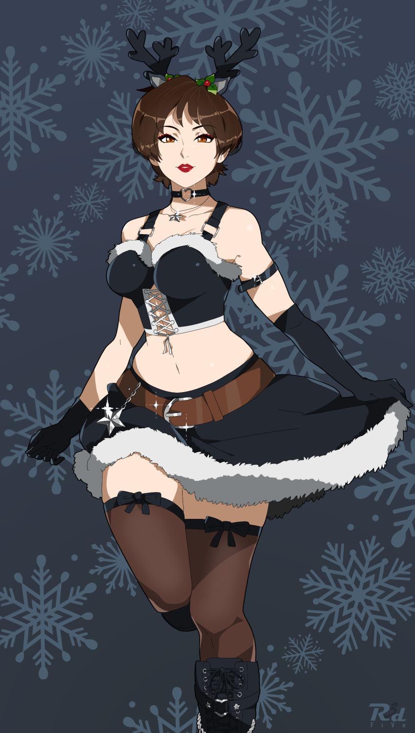 1girl absurdres animal_ears antlers arm_belt boots breasts brown_eyes brown_hair choker cleavage deer_ears fake_animal_ears fake_antlers fur_trim gloves heart heart_choker highres jewelry kasugano_sakura navel necklace official_alternate_costume r3dfive red_lips reindeer_antlers skirt smile snowflake_background solo star_(symbol) star_necklace stomach street_fighter street_fighter_v thighhighs