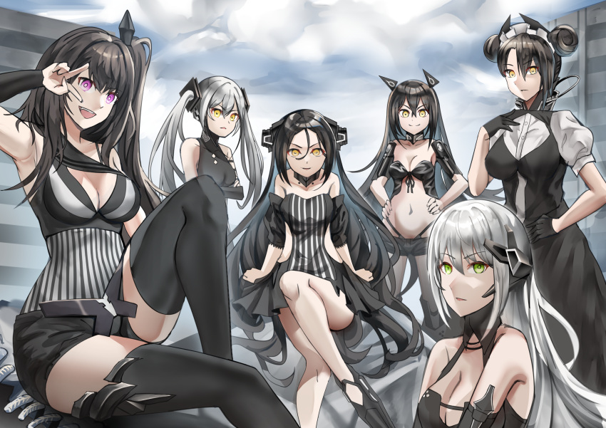 6+girls agent_(girls'_frontline) architect_(girls'_frontline) arki_arasy bangs bare_shoulders black_dress black_gloves black_hair black_legwear black_shorts breasts cleavage closed_mouth collarbone crossed_arms crossed_legs destroyer_(girls'_frontline) double_bun dreamer_(girls'_frontline) dress expressionless eyebrows_visible_through_hair feet_out_of_frame gager_(girls'_frontline) girls'_frontline gloves green_eyes hair_between_eyes hair_ornament hairclip hand_on_hip hands_on_hips highres judge_(girls'_frontline) legs long_hair looking_at_viewer medium_breasts medium_hair multicolored_eyes multicolored_hair multiple_girls navel open_mouth purple_eyes salute sangvis_ferri shorts side_ponytail silver_hair simple_background sitting smile standing teeth thighhighs twintails upper_teeth v yellow_eyes