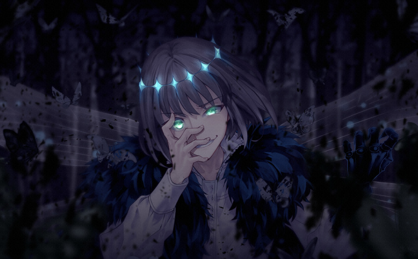 1boy arthropod_boy bangs bug butterfly cape commentary_request crown diamond_hairband eyebrows_visible_through_hair fate/grand_order fate_(series) fingernails fur-trimmed_cape fur_trim glowing glowing_eyes green_eyes grey_hair hand_on_own_face hand_up high_collar highres insect_wings kuroaki long_sleeves looking_at_viewer male_focus oberon_(fate) open_mouth shirt smile solo spoilers upper_body white_shirt wings