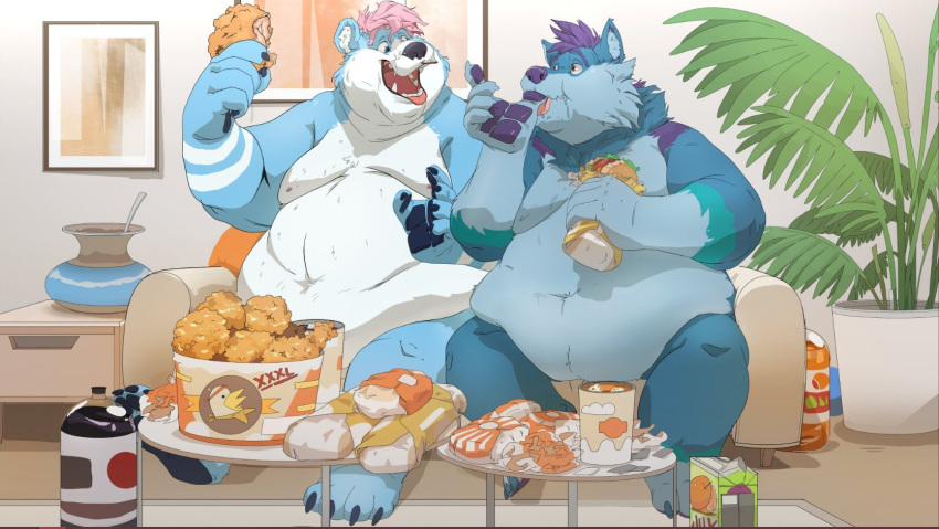 anthro belly big_belly blue_body blue_fur canid canine canis chicken_meat chubby_anthro chubby_male duo eating food fried_chicken fur furniture hair hi_res licking licking_lips male male/male mammal meat navel nipples nude obese open_mouth overweight overweight_anthro overweight_male pink_hair plant purple_hair ruchud_night self_lick sitting sofa thick_thighs tongue tongue_out toza ursid weight_gain wolf yukon