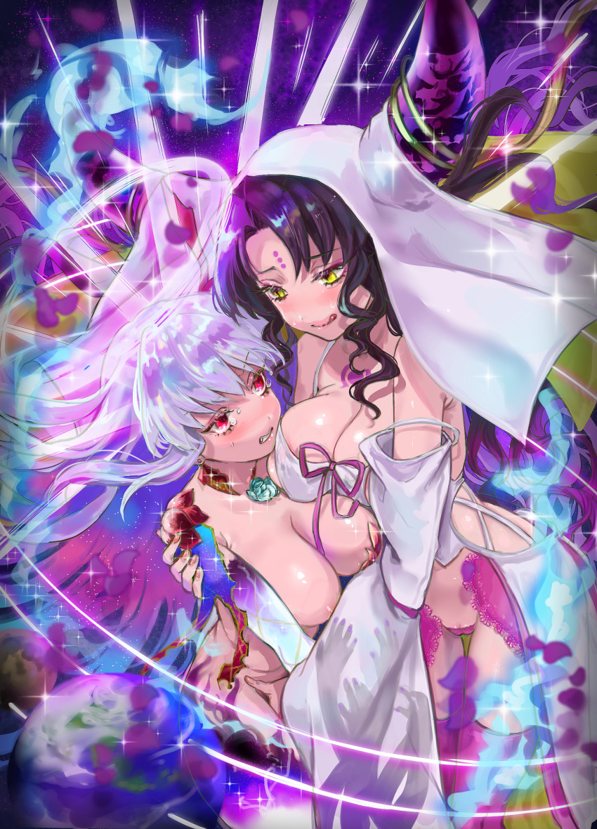 2girls armor bangs bikini_armor black_hair blue_fire blush body_markings breasts cameltoe chest_tattoo cleavage closed_mouth collar commentary detached_sleeves dress earrings earth_(planet) eyebrows_visible_through_hair facial_mark fate/grand_order fate_(series) feet_out_of_frame fingernails fire forehead_mark forehead_tattoo green_flower hand_on_another's_crotch hand_on_another's_shoulder highres horn_ornament horn_ring horns hug jewelry kama_(fate) large_breasts long_hair long_sleeves looking_at_another metal_collar midriff moon multiple_girls nail_polish open_mouth panties parted_bangs pink_garter_belt pink_legwear pink_nails pink_panties pink_ribbon planet purple_legwear purple_sleeves red_eyes ribbon saise_chisa sesshouin_kiara sidelocks silver_hair smile space standing sweat tassel tattoo teeth thighhighs tongue tongue_out underwear veil very_long_hair white_dress white_sleeves wide_sleeves yellow_eyes
