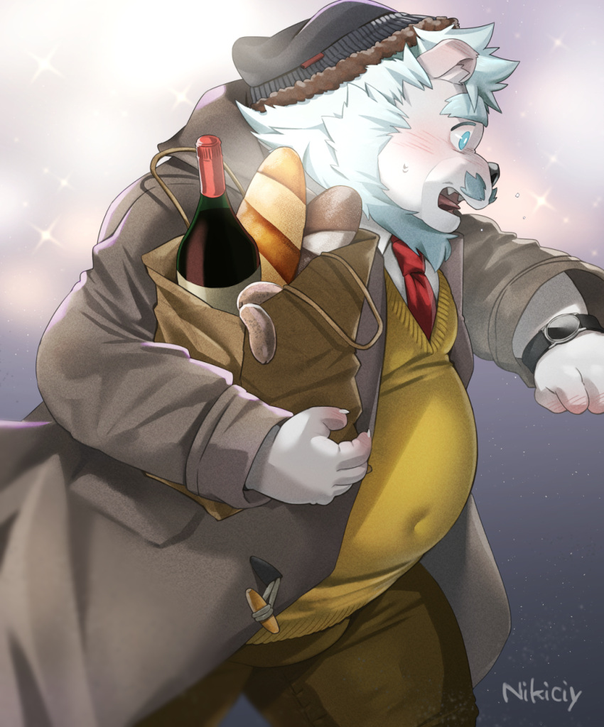 2021 anthro belly black_nose blue_eyes blush bread clothing facial_hair felid food fur hat headgear headwear hi_res humanoid_hands kemono lion male mammal mustache nikiciy overweight overweight_male pantherine shirt solo topwear white_body white_fur